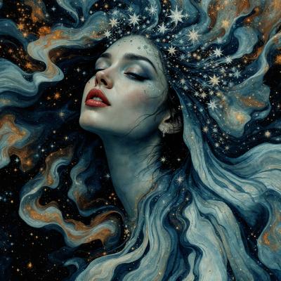 The primary subject of the image is a woman with long, flowing hair. She is wearing a star-shaped headband and has a starry background. The visual style of the image is digital art, and the colors and mood are predominantly blue and celestial.